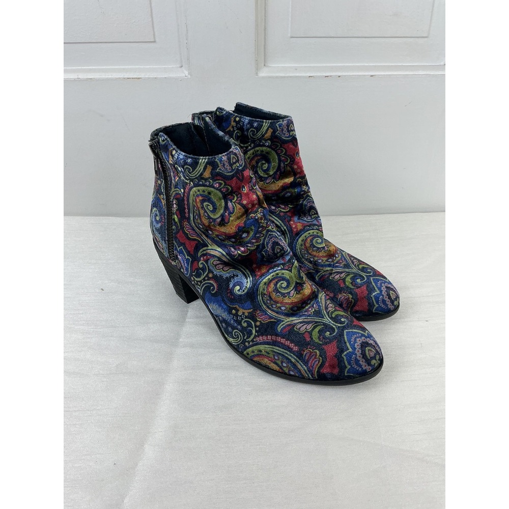 Socofy Women's 7.5 Velvet Ankle Bootie Paisley Multicolor Round Toe Zip EUC